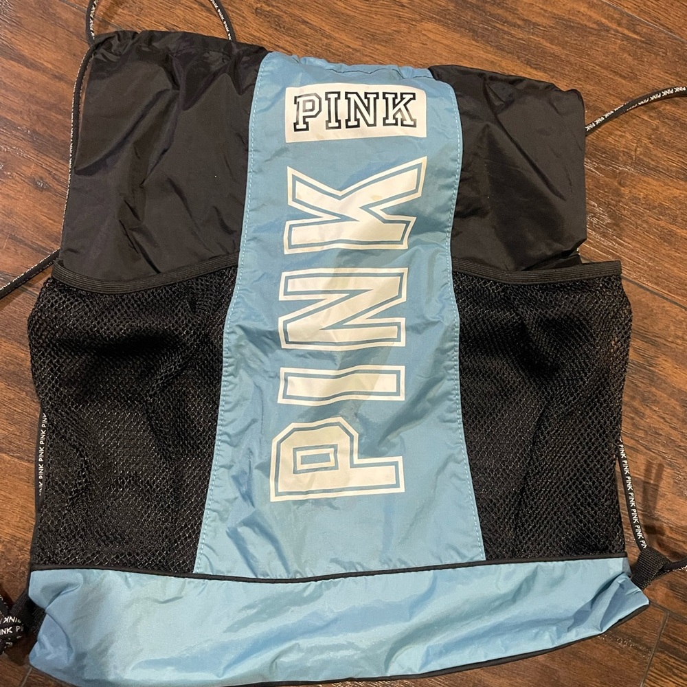 PINK Victoria's Secret Black and Light Blue Backpack